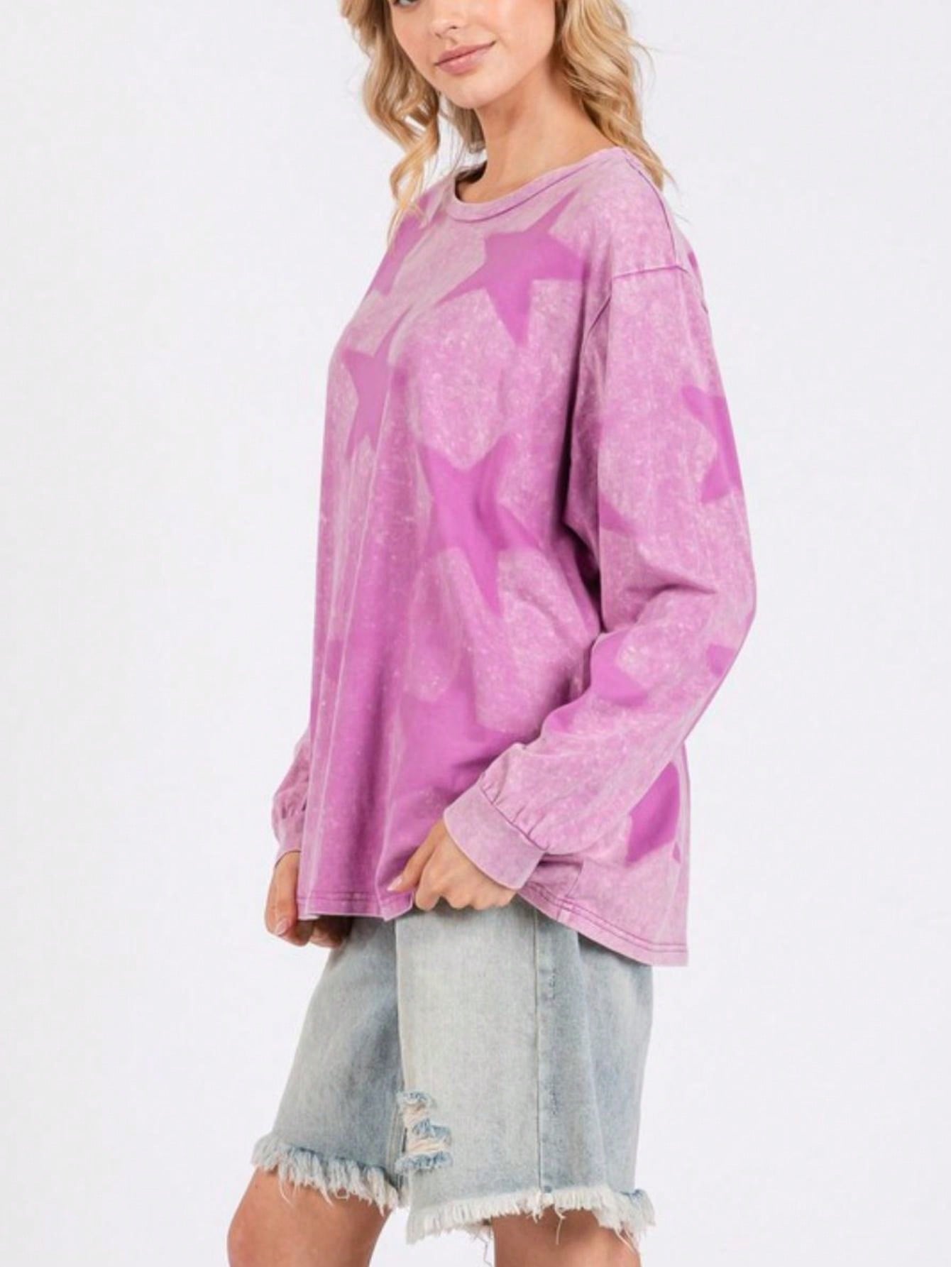 Womens Casual Streetwear Chic Oversized Star Print Sweatshirt Long Sleeve Pullover Pink Washed Vintage Effect Round Neck Relaxed Fit Fall Winter Weekend Top