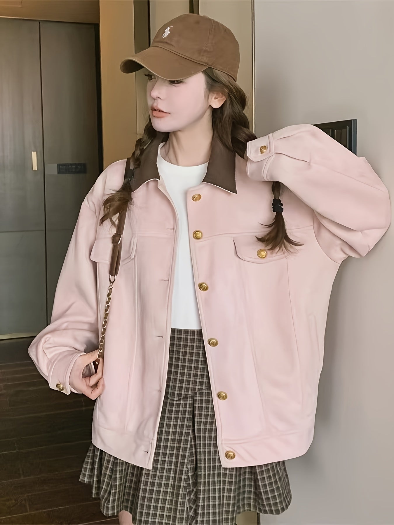 Pink Women's Casual Cargo Jacket - Loose Fit, Button-Up with Collar, Long Sleeve Outerwear for Spring & Fall, Retro Style, Polyester Material, Spring Jacket | Preppy Look | Golden Button Details