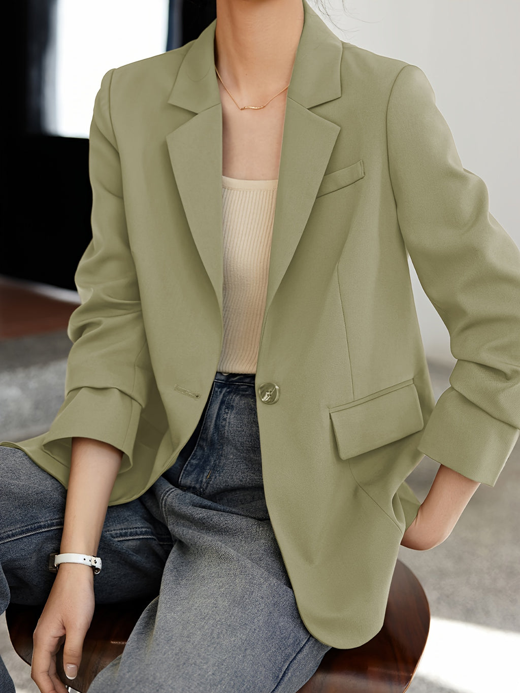 XWI Women's Olive Green Blazer Jacket - Classic H-Silhouette Single-Button Closure, Structured Machine-Washable Fabric for Spring\u002FAutumn, Elegant Office & Casual Outerwear, Minimalist Design, Smooth Texture, Sophisticated Tailoring