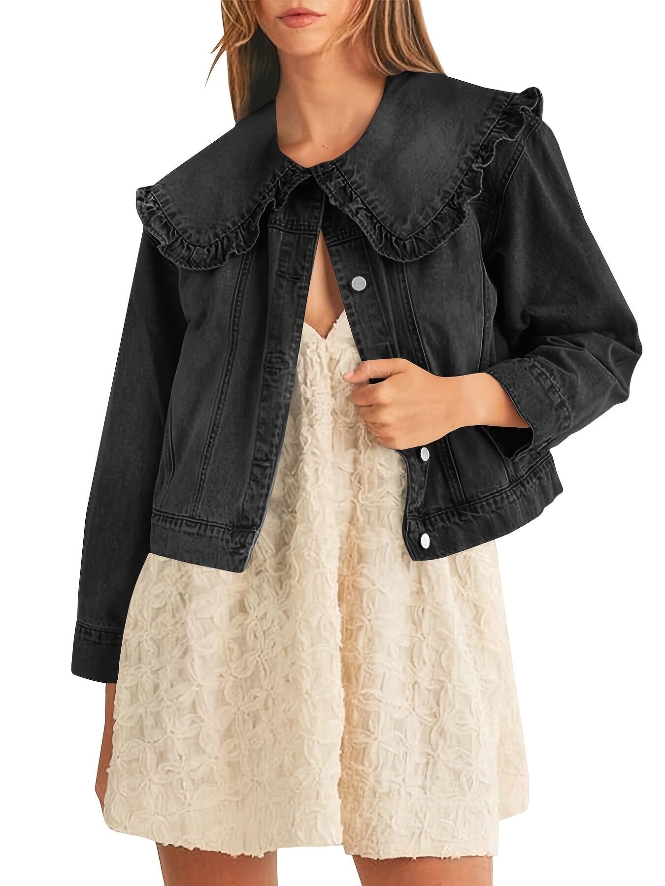 Casual Denim Jacket Denim Women's Casual Loose Fit Jean Jacket with Pockets and Peter Pan Collar