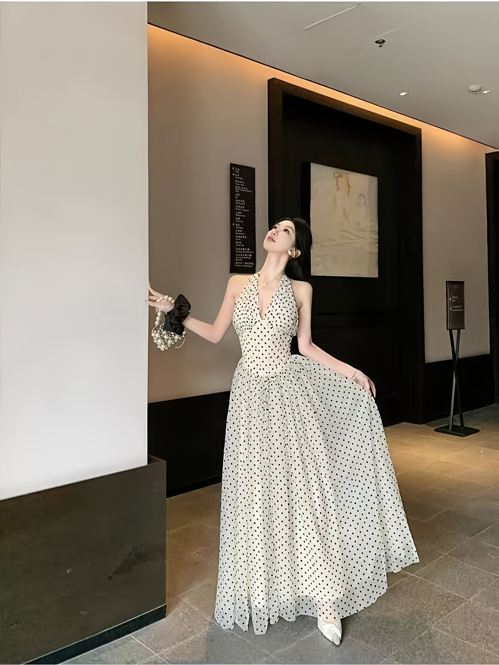 Women's Elegant Polka Dot V-Neck Halter Neck Dress - Backless Ruffled Hem, Fitted Top & Flowy Skirt, Lightweight Polyester, Machine Washable, All-Season Vacation & Formal Wear