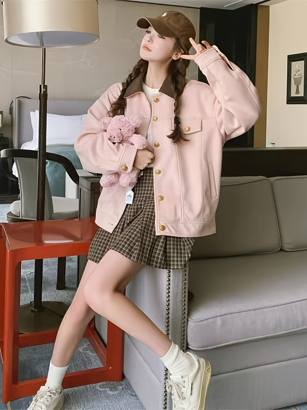 Pink Women's Casual Cargo Jacket - Loose Fit, Button-Up with Collar, Long Sleeve Outerwear for Spring & Fall, Retro Style, Polyester Material, Spring Jacket | Preppy Look | Golden Button Details