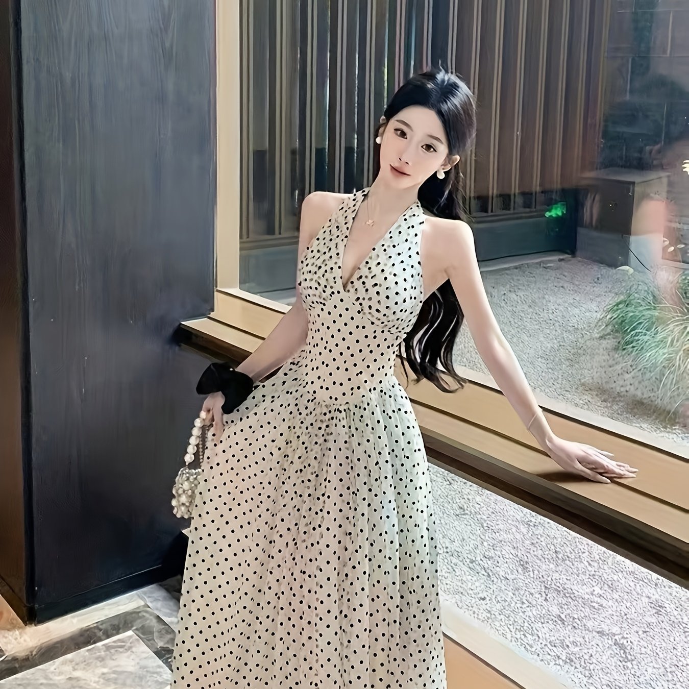 Women's Elegant Polka Dot V-Neck Halter Neck Dress - Backless Ruffled Hem, Fitted Top & Flowy Skirt, Lightweight Polyester, Machine Washable, All-Season Vacation & Formal Wear