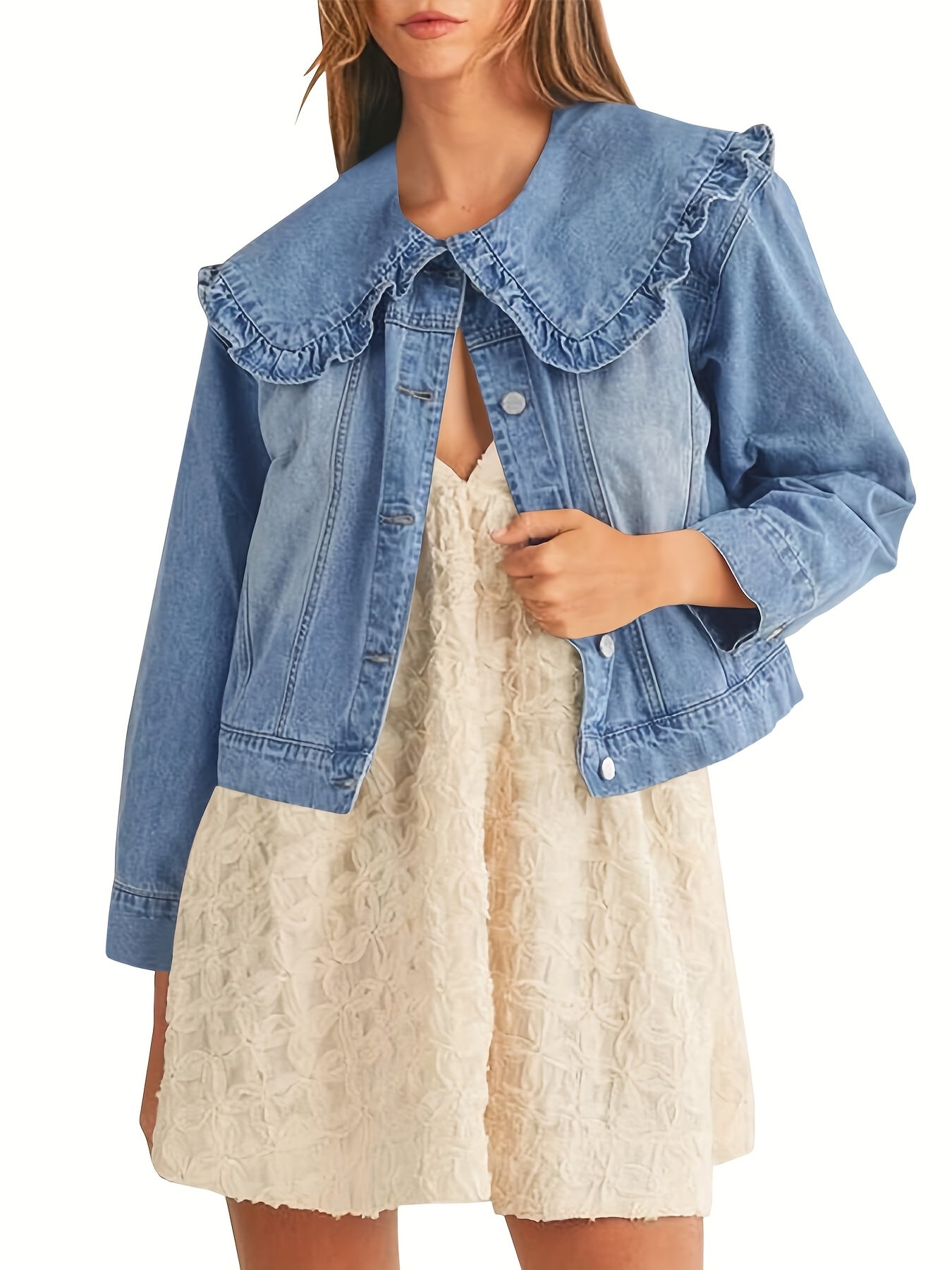 Casual Denim Jacket Denim Women's Casual Loose Fit Jean Jacket with Pockets and Peter Pan Collar