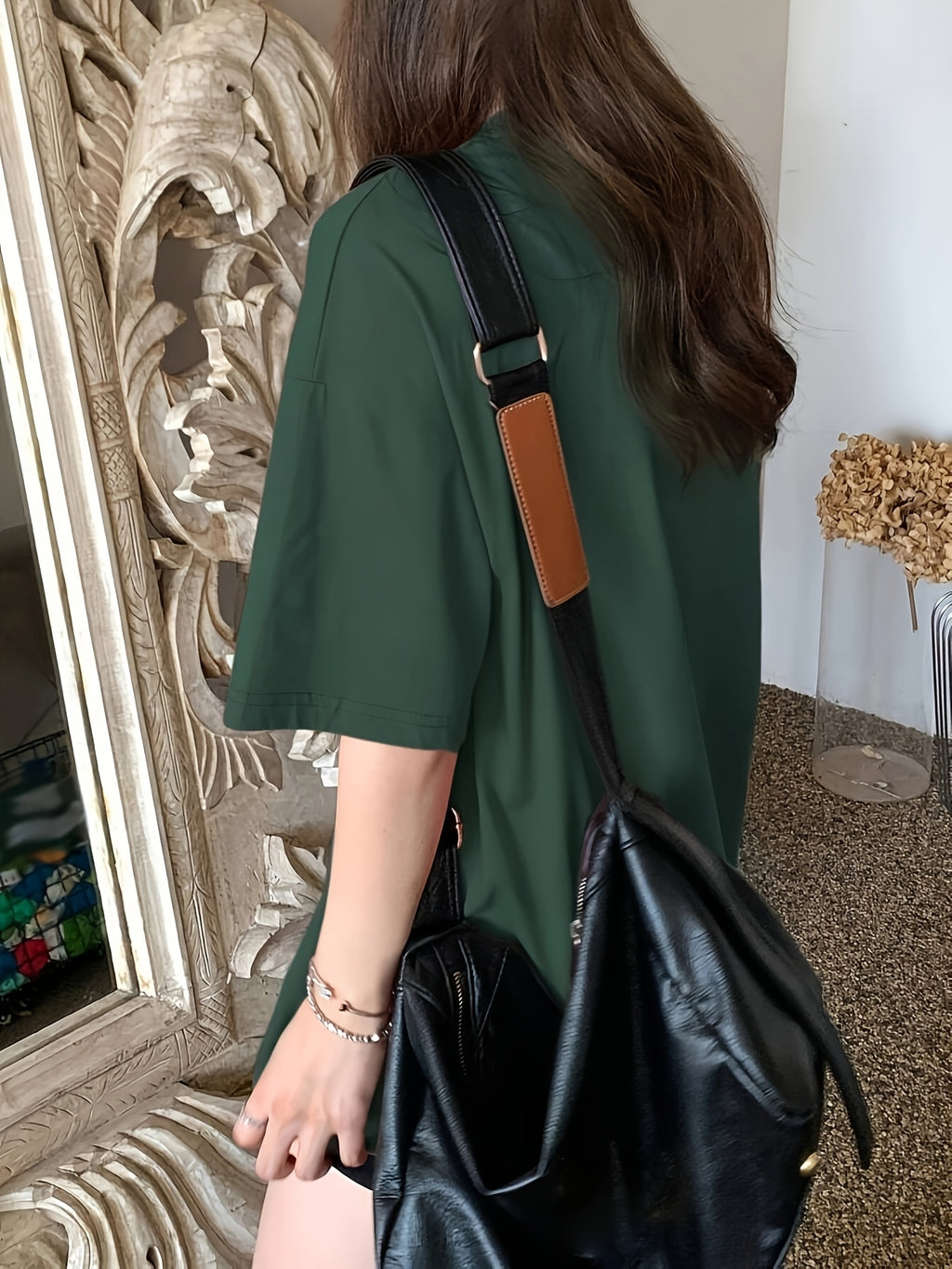 Plus Size - Women'S Casual Oversized T-Shirt - Short Sleeve, Round Neck, Stretchy Polyester Blend, Loose Fit, Green with \