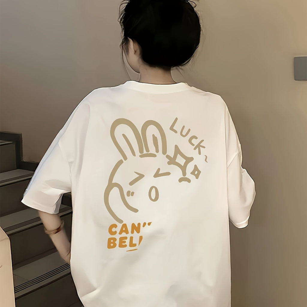 Plus Size, Plus Size Women's Oversized T-Shirt - Cute Cartoon Rabbit & \