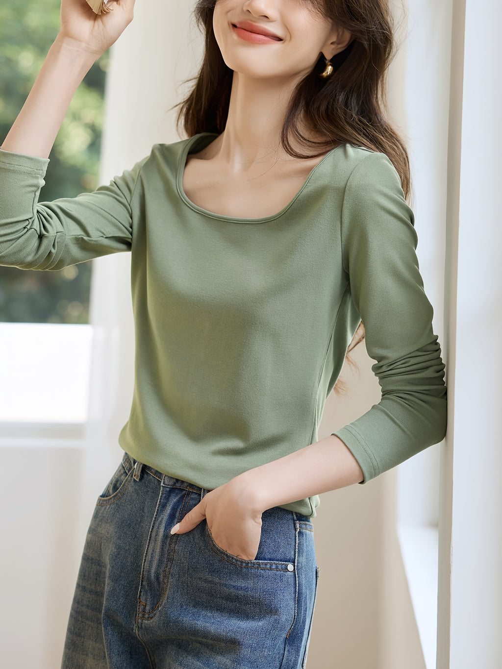 MOHOMO Women'S Square Neck Long Sleeve Top - Olive Green, Ribbed Texture, Non-Stretch Fabric, Perfect for Spring\u002FSummer\u002FFall, Casual & Commuter Wear, Casual Wear Top | Square Neckline Top | Construction, Ladies T Shirts