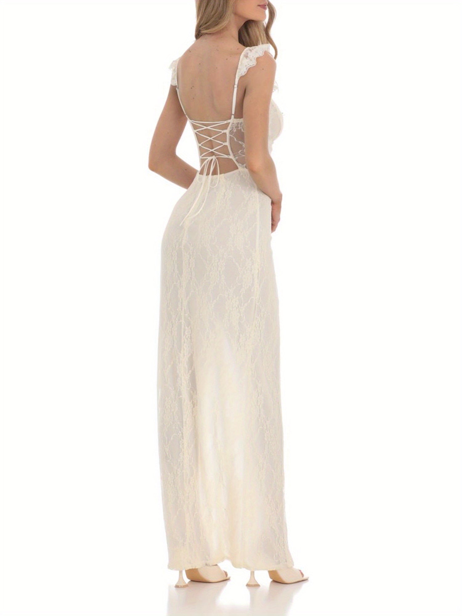 Women'S Sexy Long Lace Dress Slim Sweetheart Neck Ruffled Sleeve Back Cross Tie-Up High Split Cami Dress