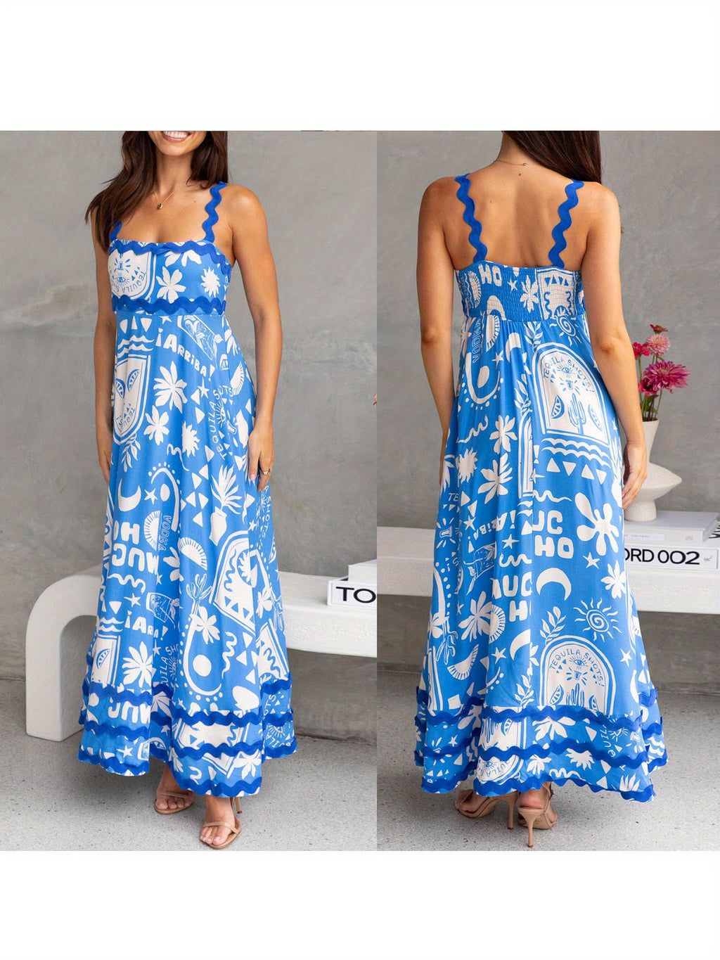 Women'S Casual Polyester Spandex Maxi Dress, Sleeveless Floral and Seafood Print Swing Dress, with Scalloped Hem, for Spring\u002FSummer - Woven Adult Skater Dress with Vest Collar