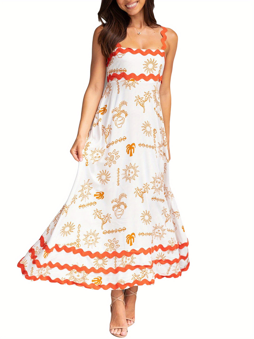 Women'S Casual Polyester Spandex Maxi Dress, Sleeveless Floral and Seafood Print Swing Dress, with Scalloped Hem, for Spring\u002FSummer - Woven Adult Skater Dress with Vest Collar