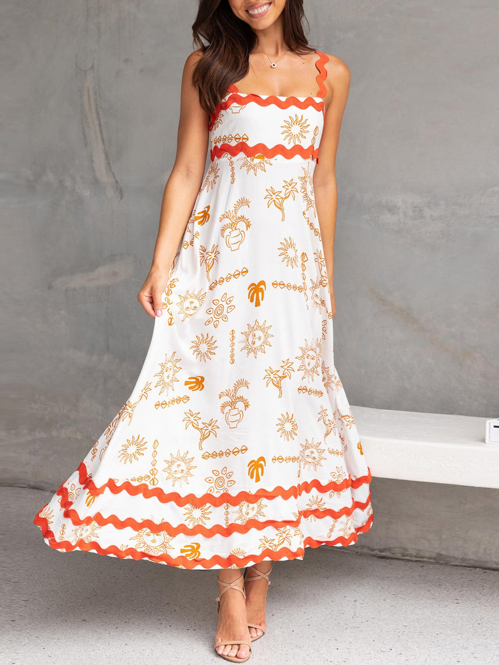 Women'S Casual Polyester Spandex Maxi Dress, Sleeveless Floral and Seafood Print Swing Dress, with Scalloped Hem, for Spring\u002FSummer - Woven Adult Skater Dress with Vest Collar