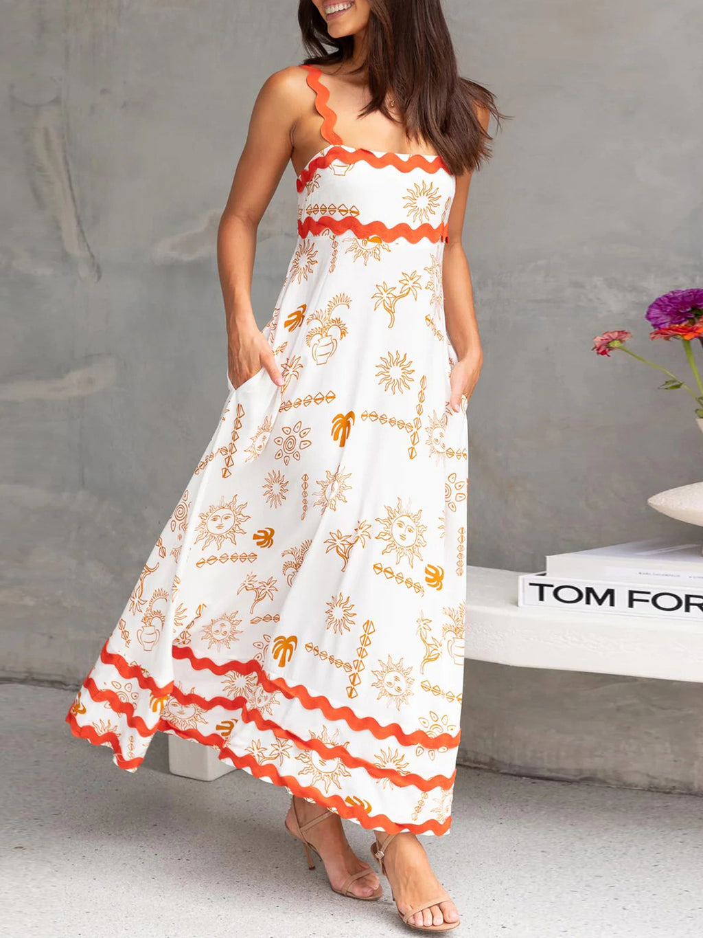 Women'S Casual Polyester Spandex Maxi Dress, Sleeveless Floral and Seafood Print Swing Dress, with Scalloped Hem, for Spring\u002FSummer - Woven Adult Skater Dress with Vest Collar