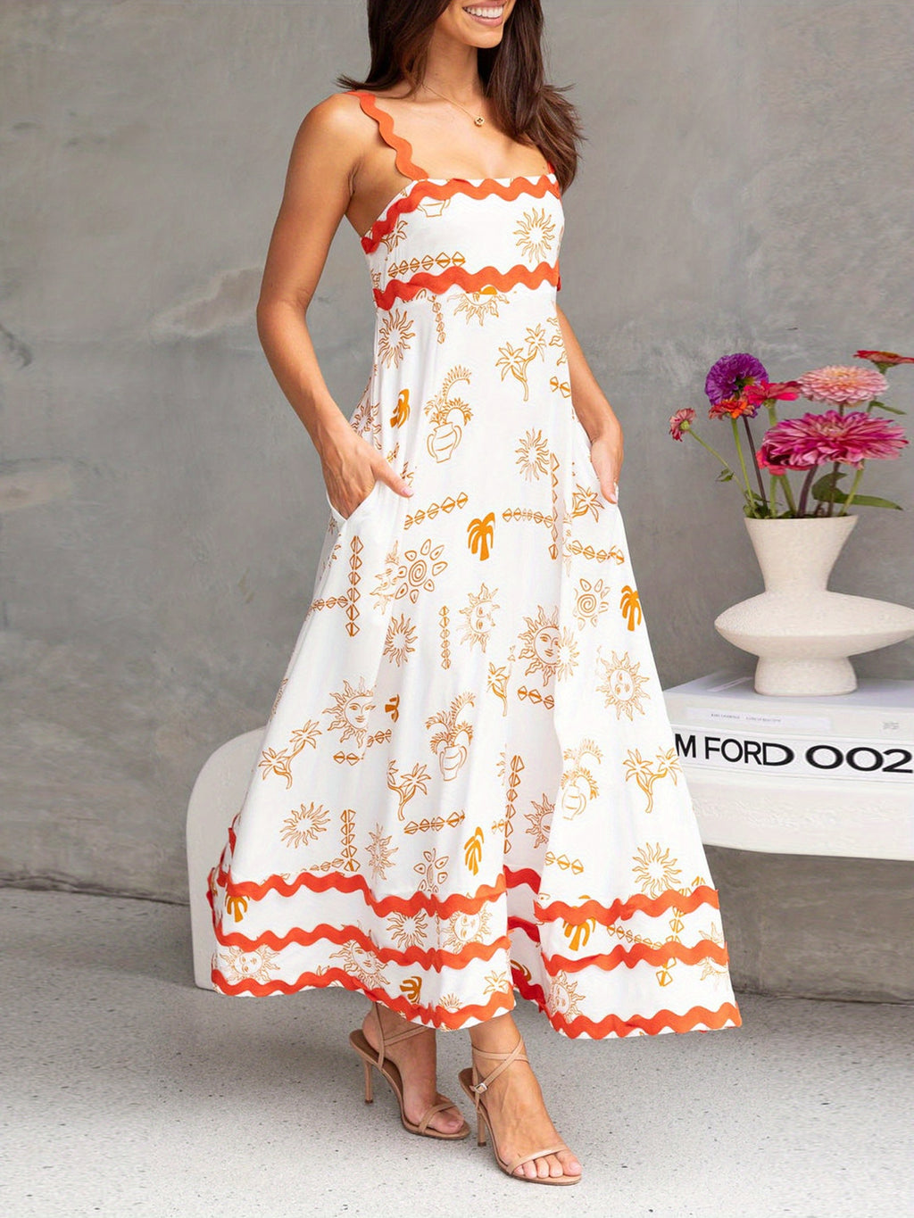 Women'S Casual Polyester Spandex Maxi Dress, Sleeveless Floral and Seafood Print Swing Dress, with Scalloped Hem, for Spring\u002FSummer - Woven Adult Skater Dress with Vest Collar