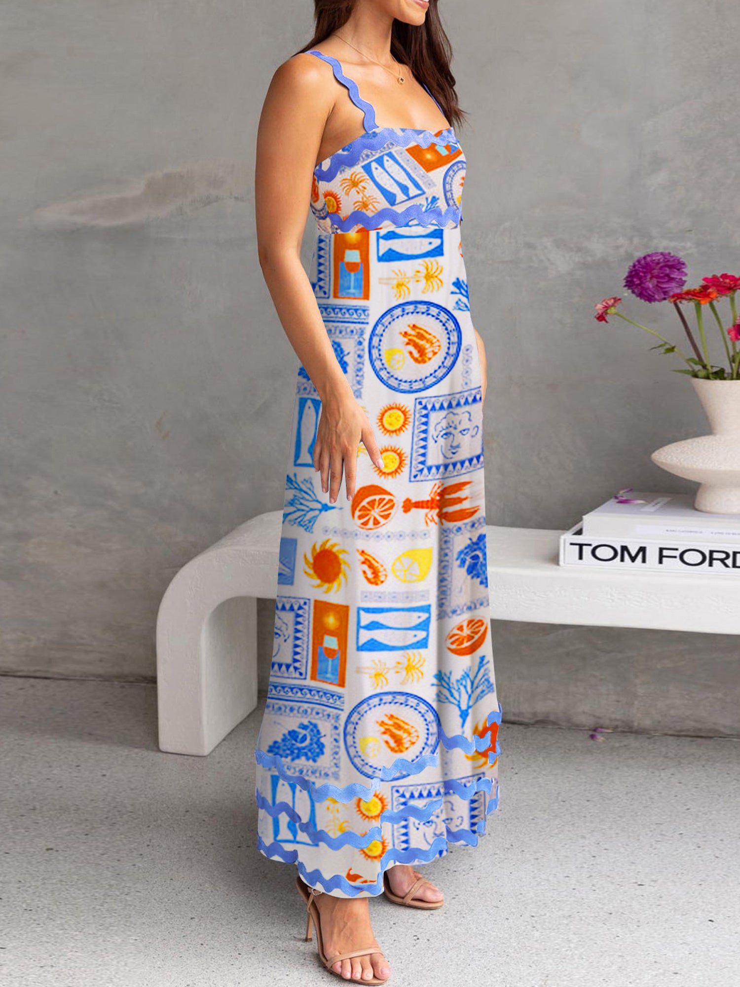 Women'S Casual Polyester Spandex Maxi Dress, Sleeveless Floral and Seafood Print Swing Dress, with Scalloped Hem, for Spring\u002FSummer - Woven Adult Skater Dress with Vest Collar