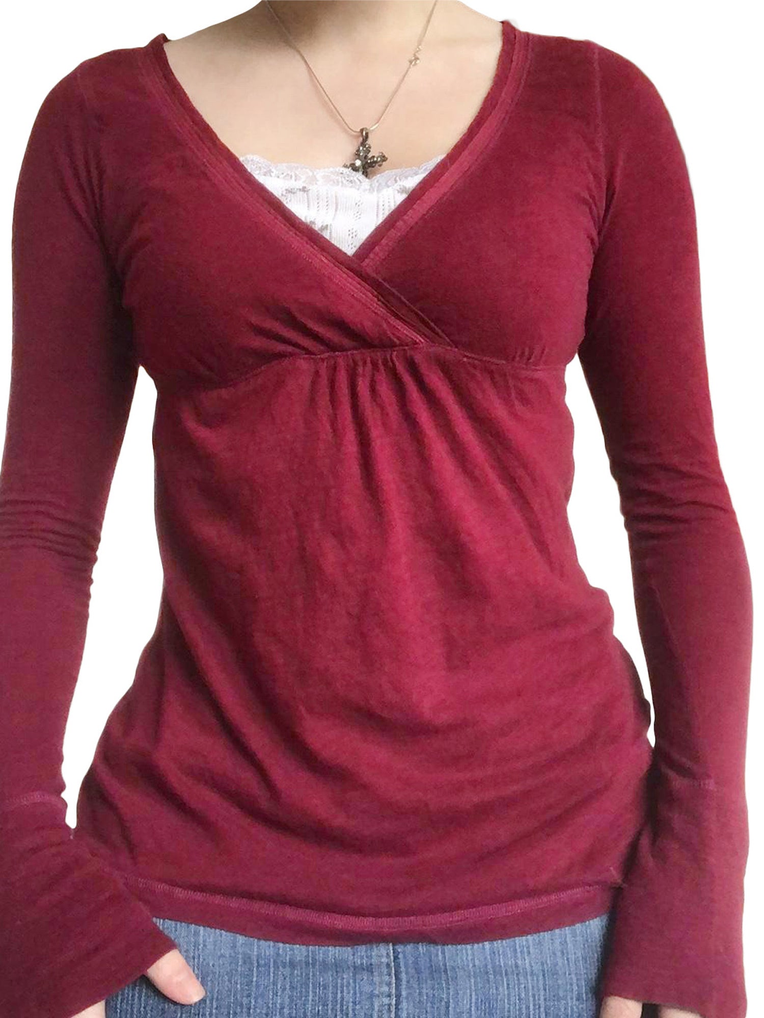 Women'S Slim Fit Long Sleeve V-Neck Top - Solid Color Light Pink, Ruched Detail, Casual Streetwear Style, Perfect for Spring\u002FFall, Casual Wear|Ruched Detail Top|Sleek Fit Top