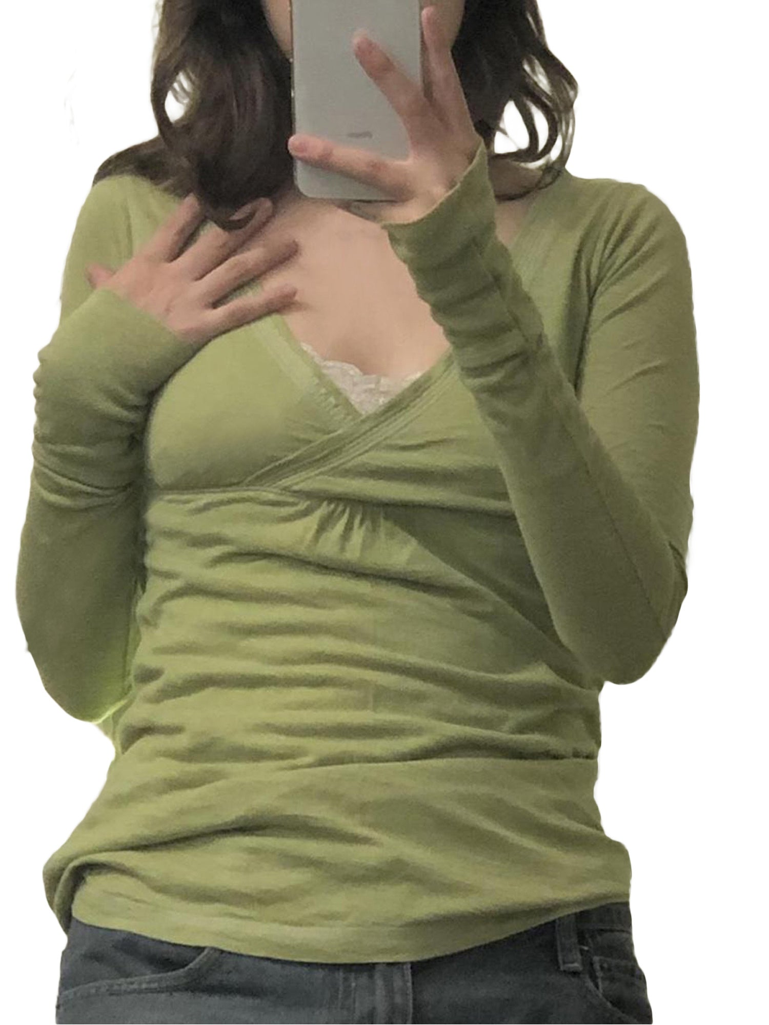 Women'S Slim Fit Long Sleeve V-Neck Top - Solid Color Light Pink, Ruched Detail, Casual Streetwear Style, Perfect for Spring\u002FFall, Casual Wear|Ruched Detail Top|Sleek Fit Top