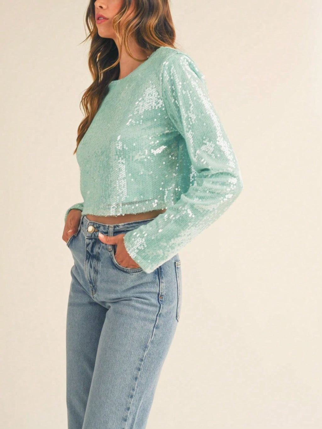 Women's Casual T-Shirt Retro Shoulder Padded Sequin Crop Top Mint Long Sleeve Crew Neck Pullover Perfect For Spring\u002FFall Glamorous Partywear Special Occasions