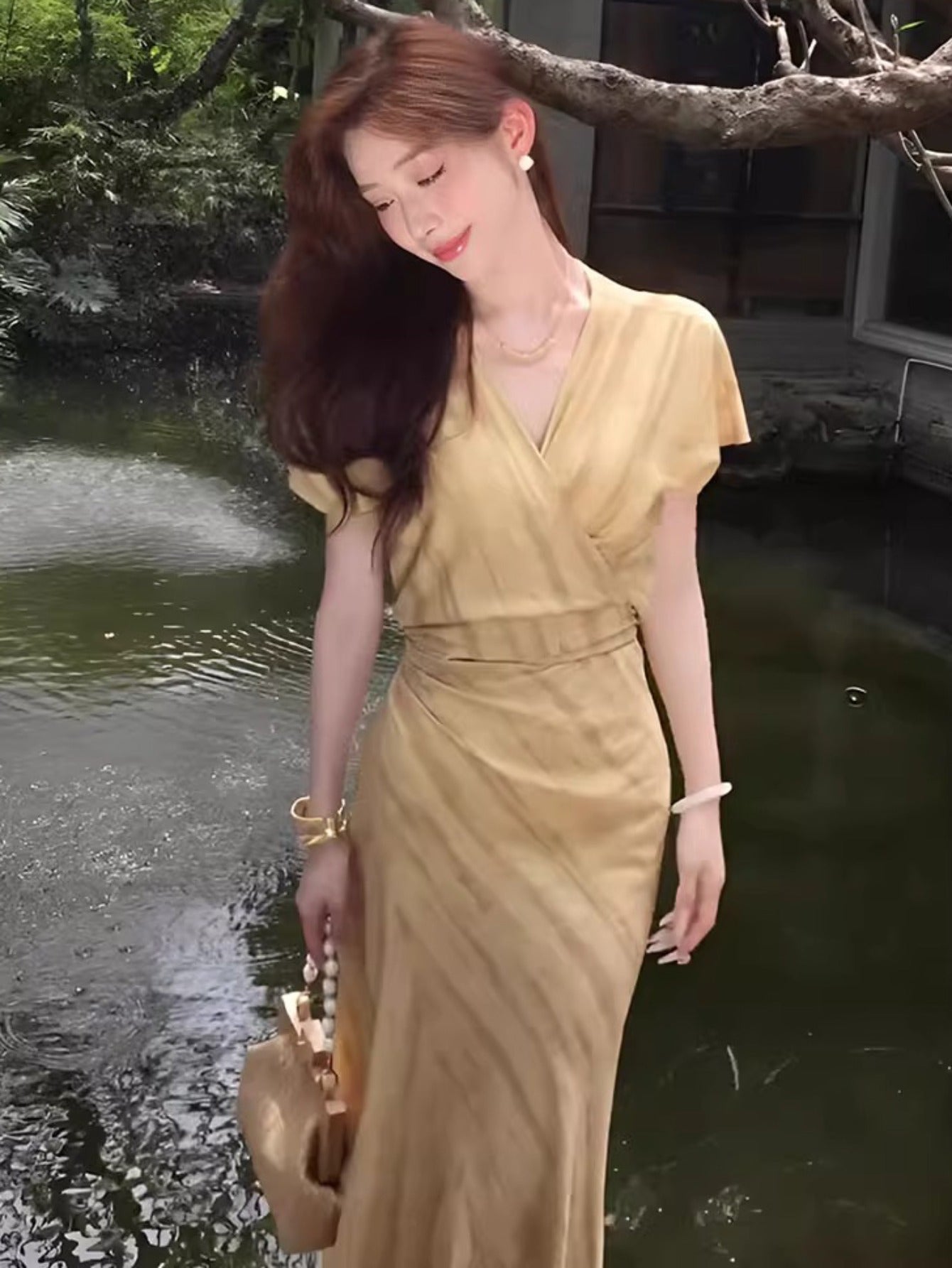 Elegant French-Inspired V-Neck Maxi Dress with Tie-Back Detail - Chic Beige Ruched Waist, Short Sleeves, Perfect for Summer 2025, Casual to Formal Wear, Casual Summer Dress | Tieback Detail Dress | Ruched Waist Design