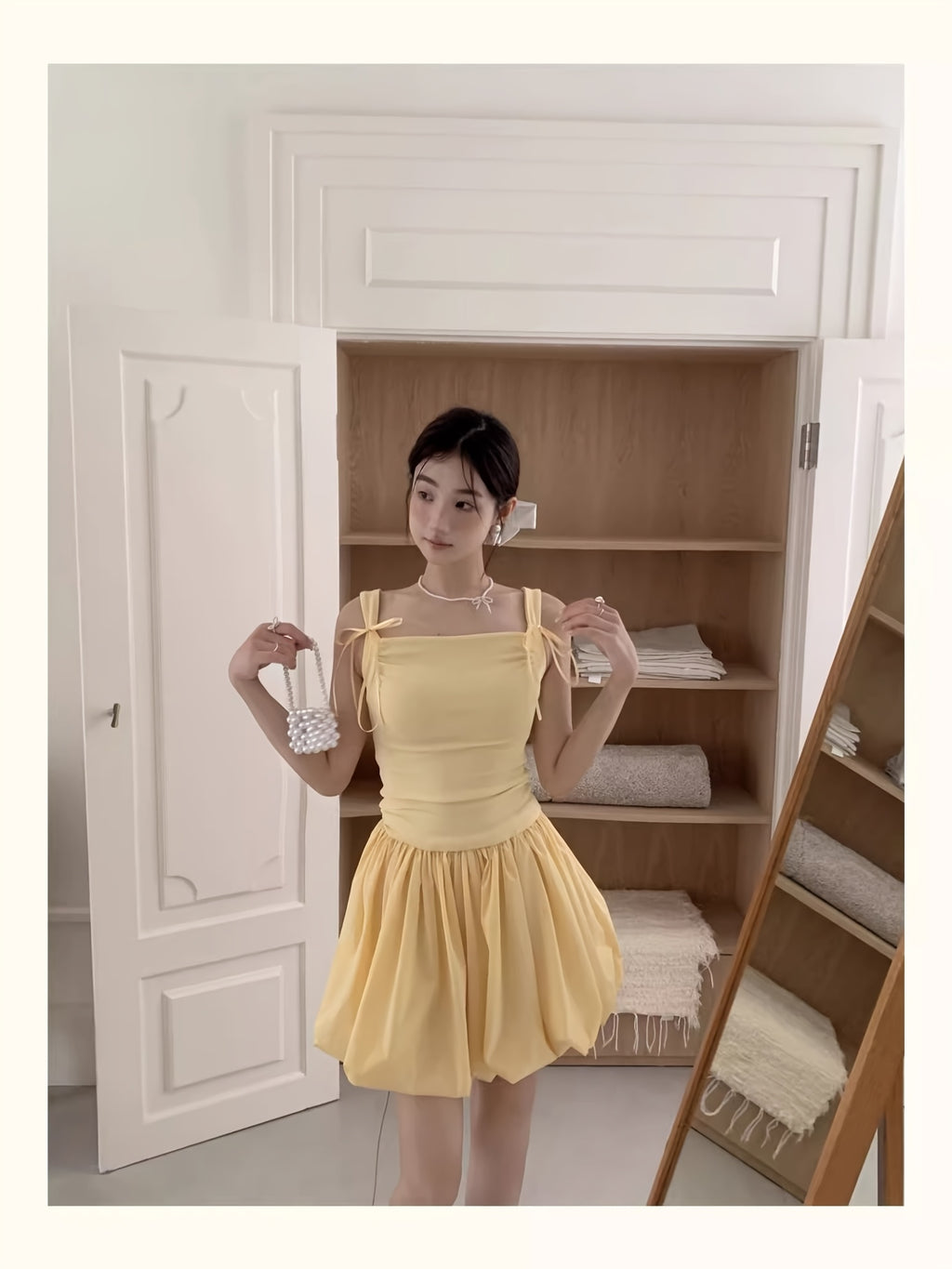 Women's Mustard Yellow Sweet Summer Dress - Off-Shoulder Spaghetti Strap A-Line Flared Skirt with Bow Accents, Lightweight Semi-Sheer Machine Washable Casual to Semi-Formal Outfit, Offshoulder Fashion, Flowy Texture, Delicate Fabric