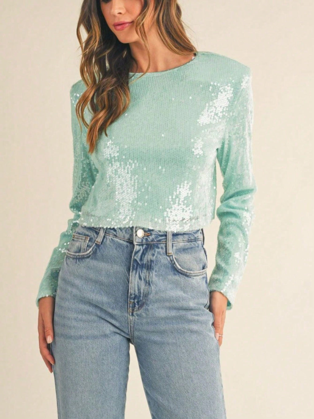 Women's Casual T-Shirt Retro Shoulder Padded Sequin Crop Top Mint Long Sleeve Crew Neck Pullover Perfect For Spring\u002FFall Glamorous Partywear Special Occasions
