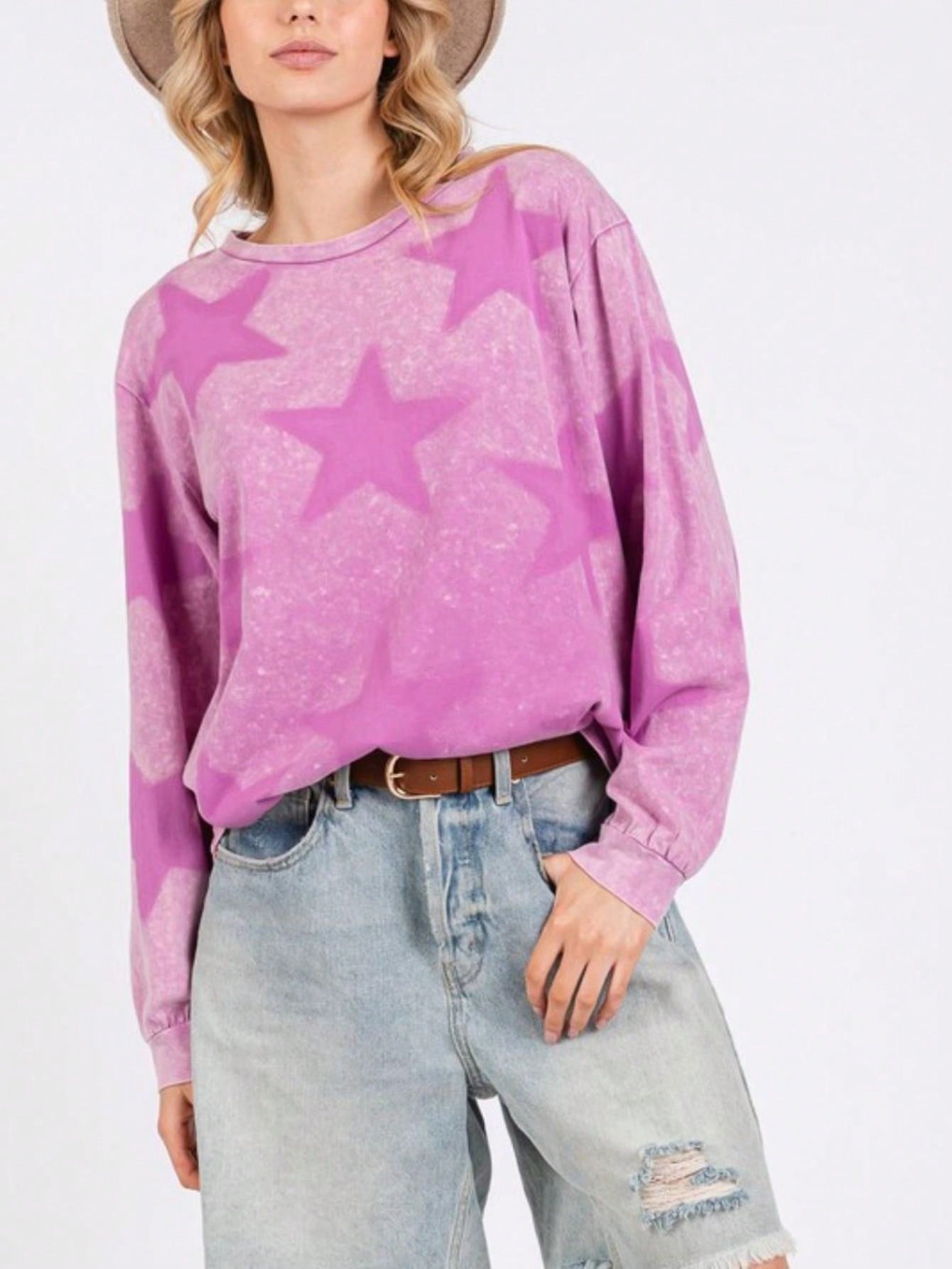 Womens Casual Streetwear Chic Oversized Star Print Sweatshirt Long Sleeve Pullover Pink Washed Vintage Effect Round Neck Relaxed Fit Fall Winter Weekend Top