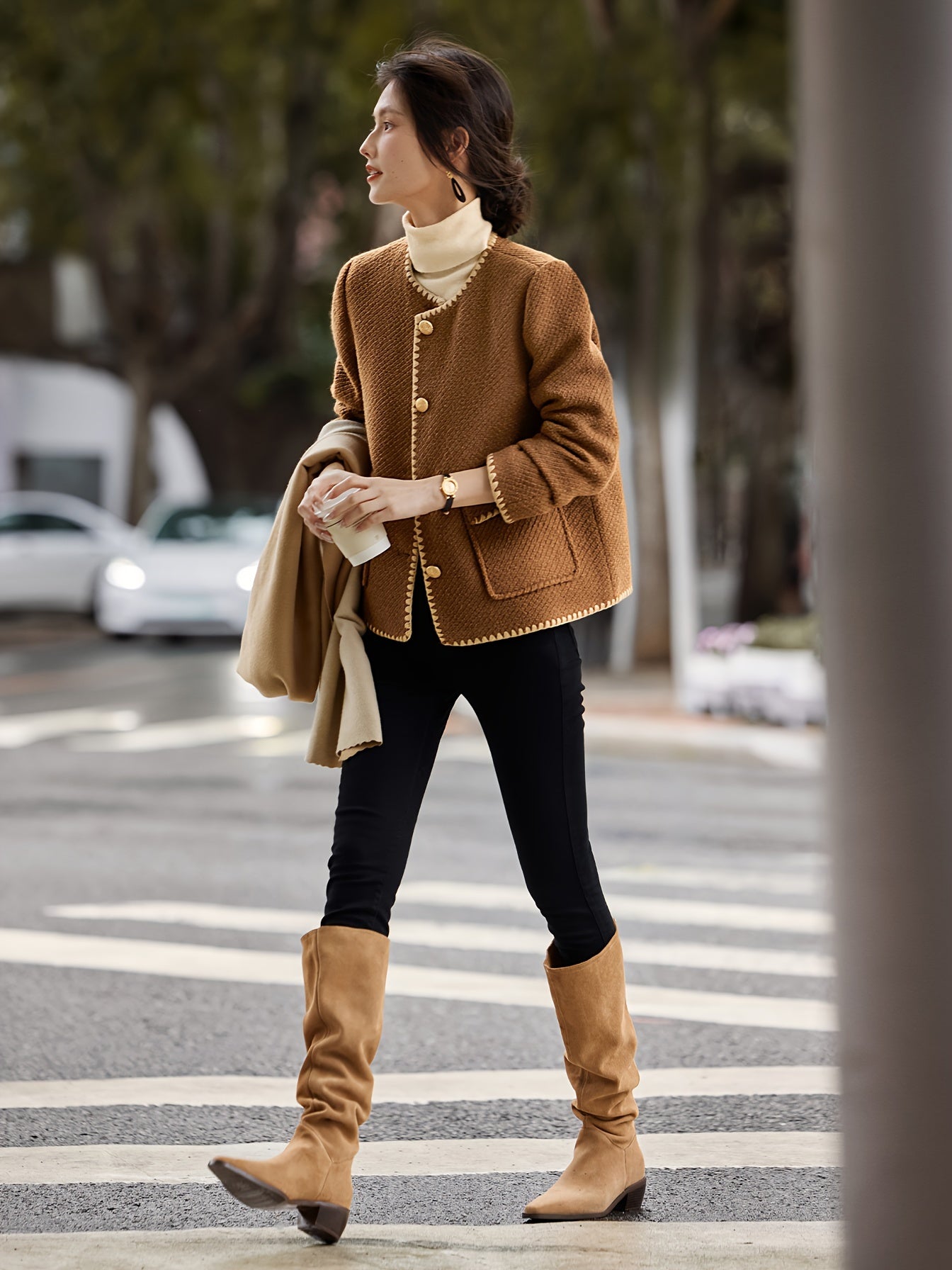 1pc XWI Elegant Polyester Knit Cardigan - Women'S Color Block Long Sleeve Casual Jacket with Contrast Binding, Single Breasted Placket, Non-Stretch Fabric for Fall\u002FWinter Outings