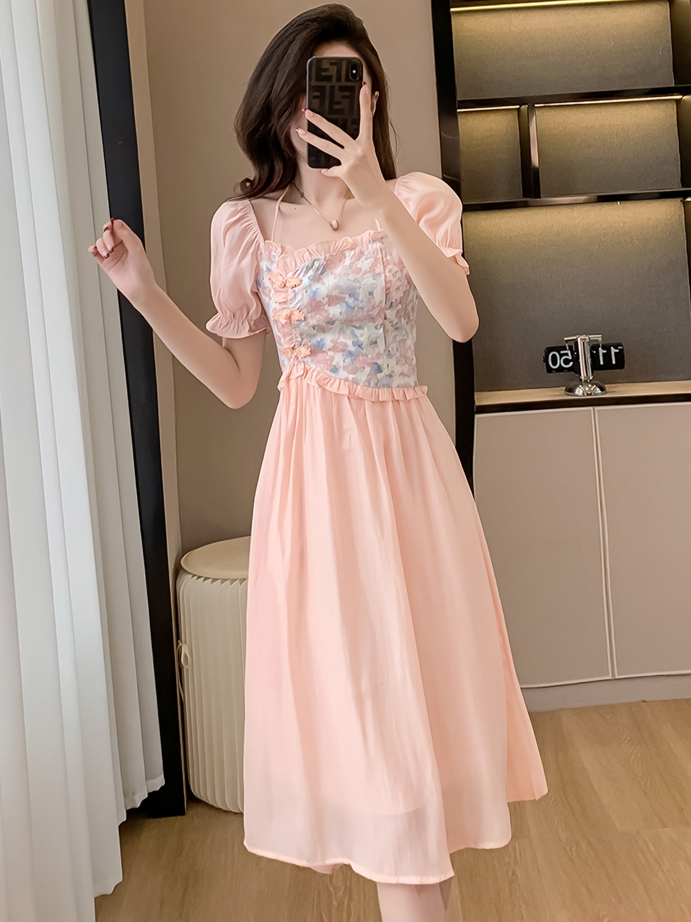 Elegant Floral Dress Elegant Floral Women's Party Dress | Pastel Pink Floral Print, Flared Mid-Length Formal & Casual Outfit for Bridesmaids, Garden Parties, Wedding Guest - Chic Ruffled Sleeves Dress