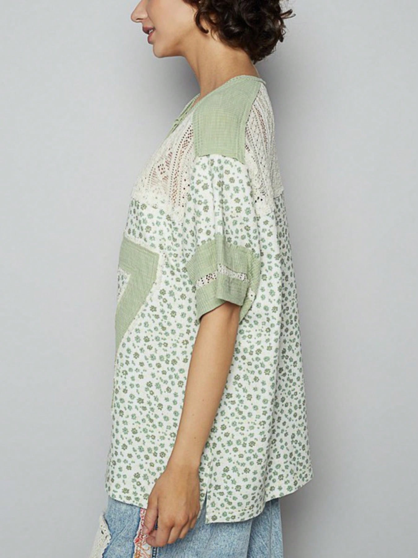 Womens Casual Vintage Athletic Chic Lace Trim Number Print Henley Top Sage Green Floral Short Sleeve Crew Neck Lightweight Breathable Spring Summer Daily Wear Loose Fit Streetwear