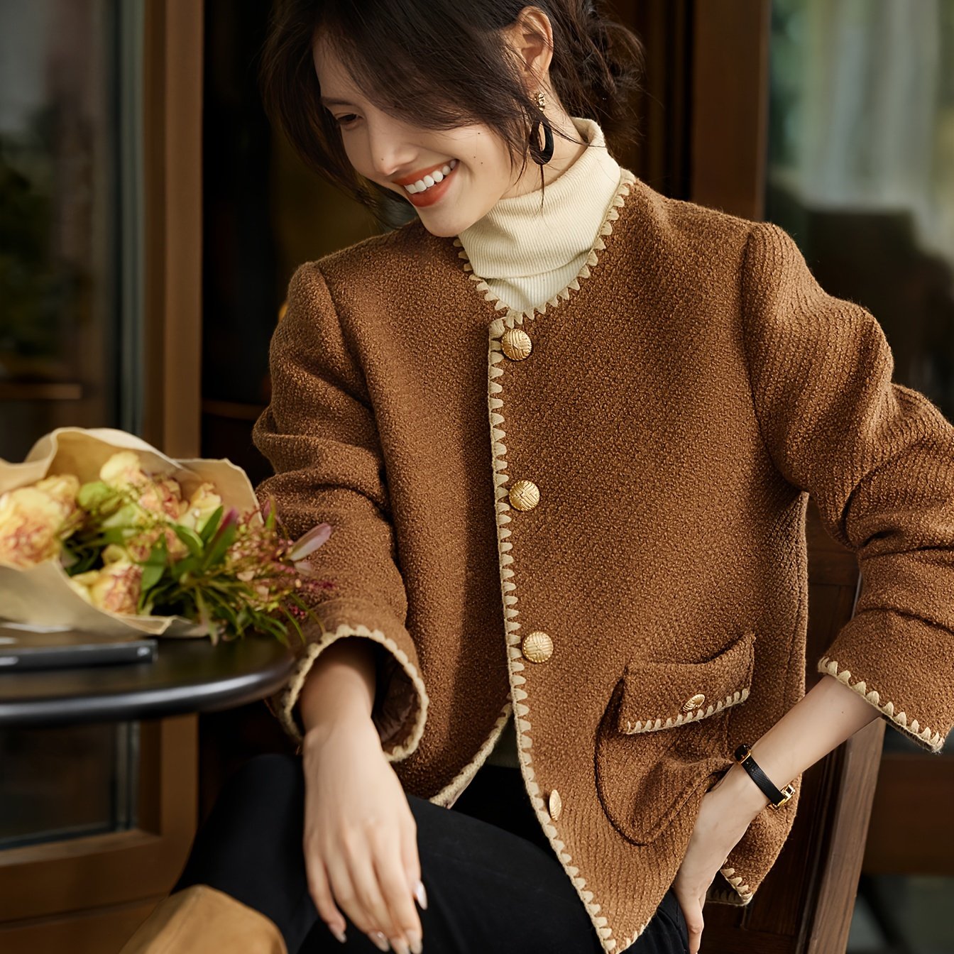 1pc XWI Elegant Polyester Knit Cardigan - Women'S Color Block Long Sleeve Casual Jacket with Contrast Binding, Single Breasted Placket, Non-Stretch Fabric for Fall\u002FWinter Outings