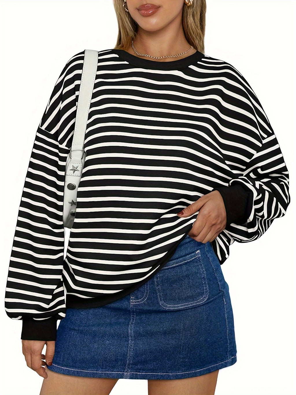 Casual Pullover Top for Women Featuring a Striped Oversized Design, Long Sleeves, And a Crewneck Hoodie, Inspired by Y2K Fashion.
