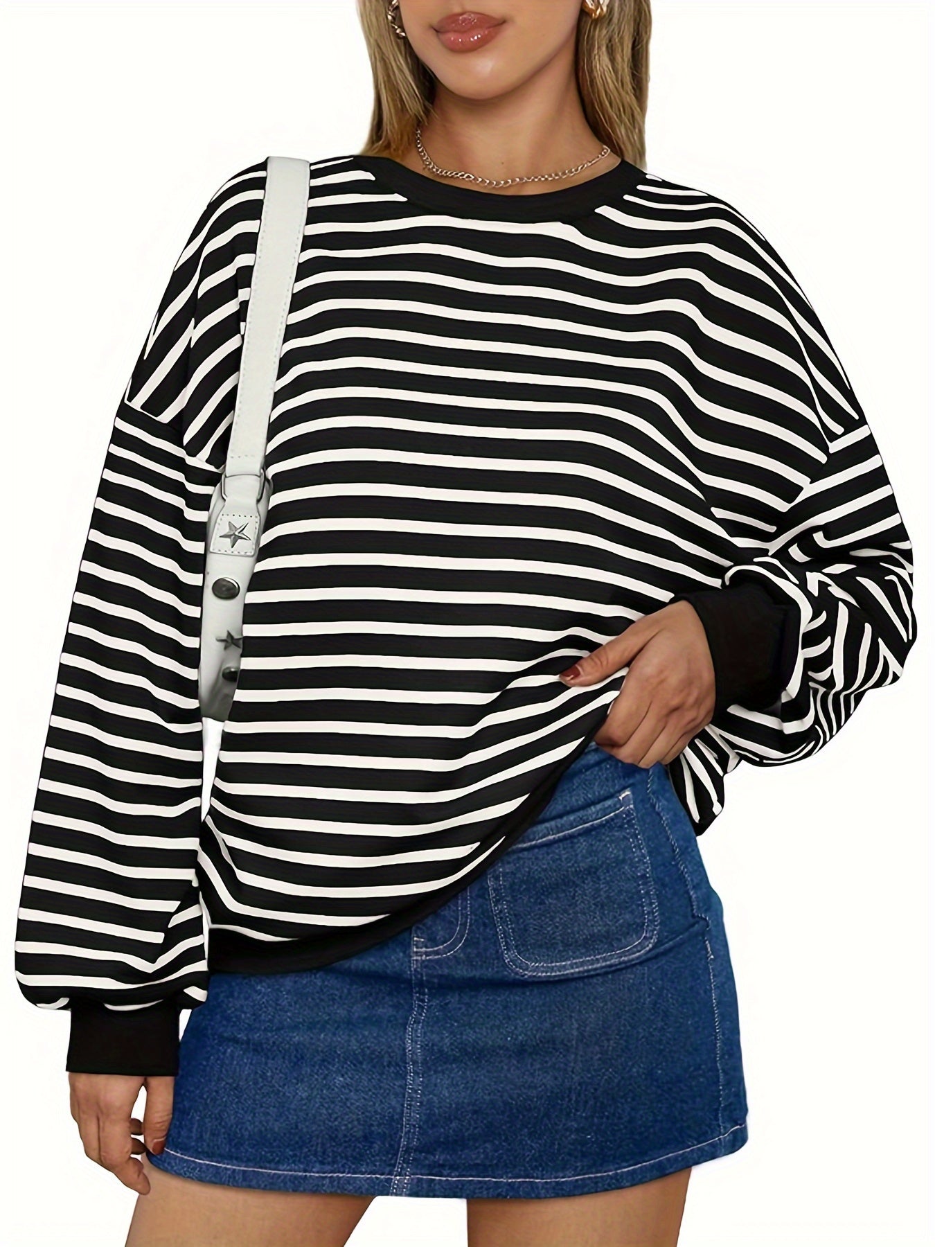 Casual Pullover Top for Women Featuring a Striped Oversized Design, Long Sleeves, And a Crewneck Hoodie, Inspired by Y2K Fashion.