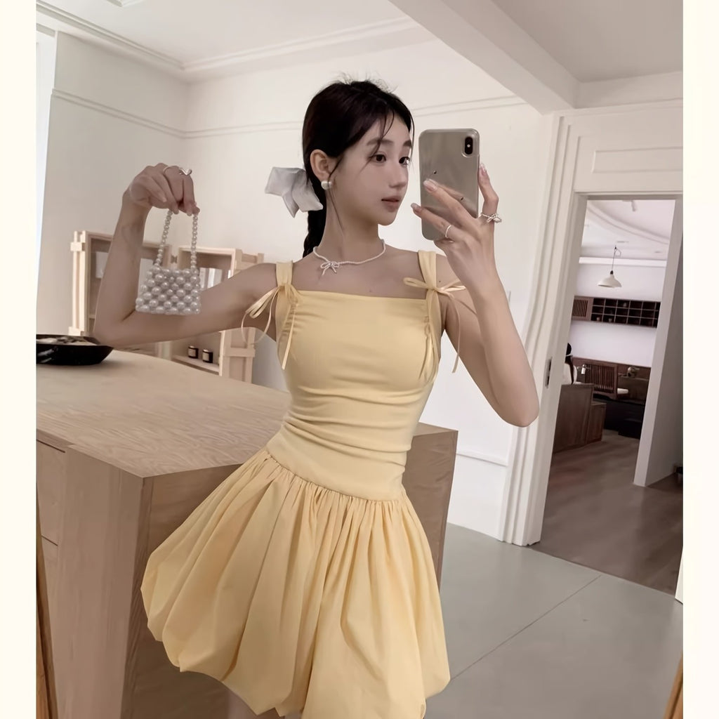 Women's Mustard Yellow Sweet Summer Dress - Off-Shoulder Spaghetti Strap A-Line Flared Skirt with Bow Accents, Lightweight Semi-Sheer Machine Washable Casual to Semi-Formal Outfit, Offshoulder Fashion, Flowy Texture, Delicate Fabric