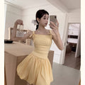 Women's Mustard Yellow Sweet Summer Dress - Off-Shoulder Spaghetti Strap A-Line Flared Skirt with Bow Accents, Lightweight Semi-Sheer Machine Washable Casual to Semi-Formal Outfit, Offshoulder Fashion, Flowy Texture, Delicate Fabric