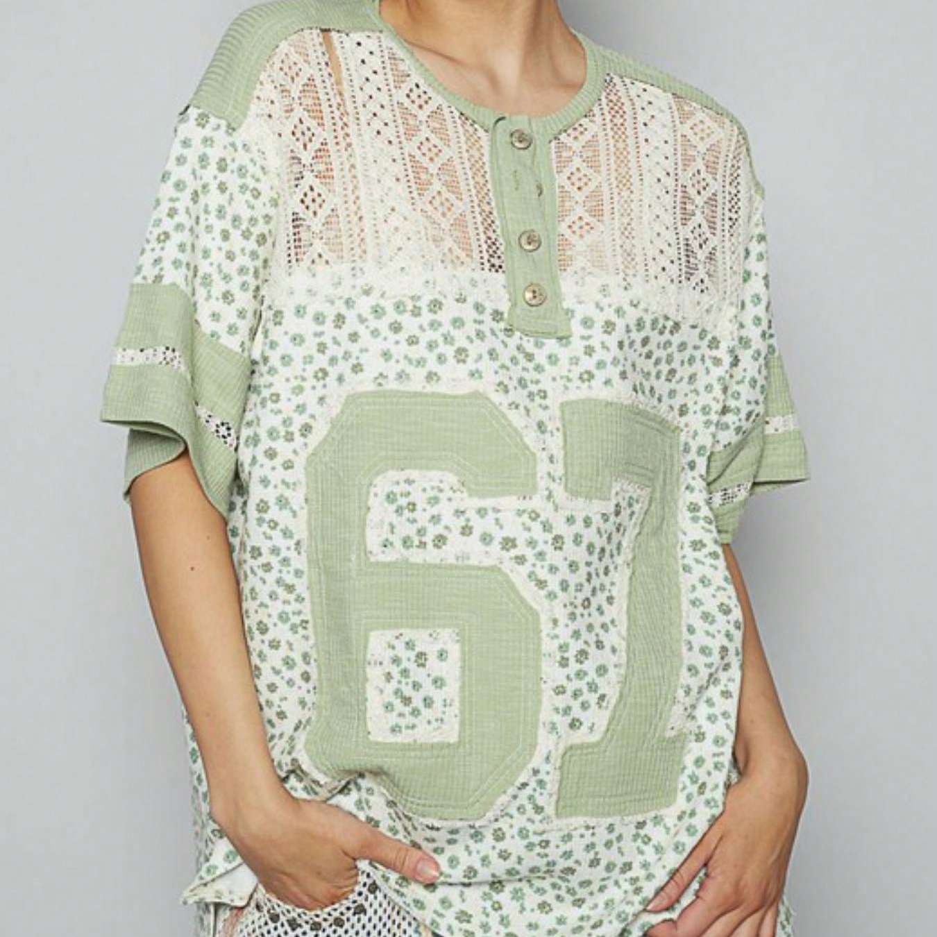 Womens Casual Vintage Athletic Chic Lace Trim Number Print Henley Top Sage Green Floral Short Sleeve Crew Neck Lightweight Breathable Spring Summer Daily Wear Loose Fit Streetwear