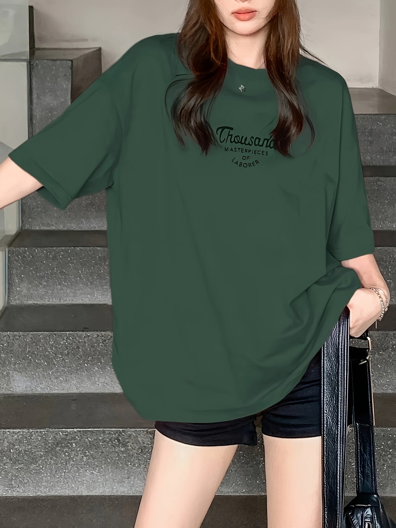 Plus Size - Women'S Casual Oversized T-Shirt - Short Sleeve, Round Neck, Stretchy Polyester Blend, Loose Fit, Green with \