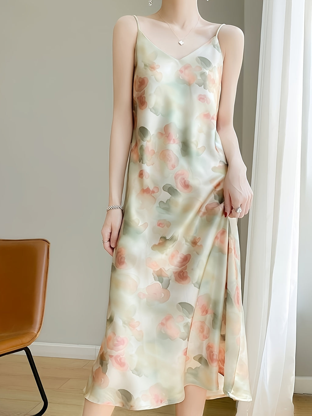 New Summer Style V-Neck Satin Printed Mid-Length Slip Dress for Women, Featuring a Slim Fit And Made of for a Sexy Look.