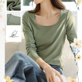 MOHOMO Women'S Square Neck Long Sleeve Top - Olive Green, Ribbed Texture, Non-Stretch Fabric, Perfect for Spring\u002FSummer\u002FFall, Casual & Commuter Wear, Casual Wear Top | Square Neckline Top | Construction, Ladies T Shirts