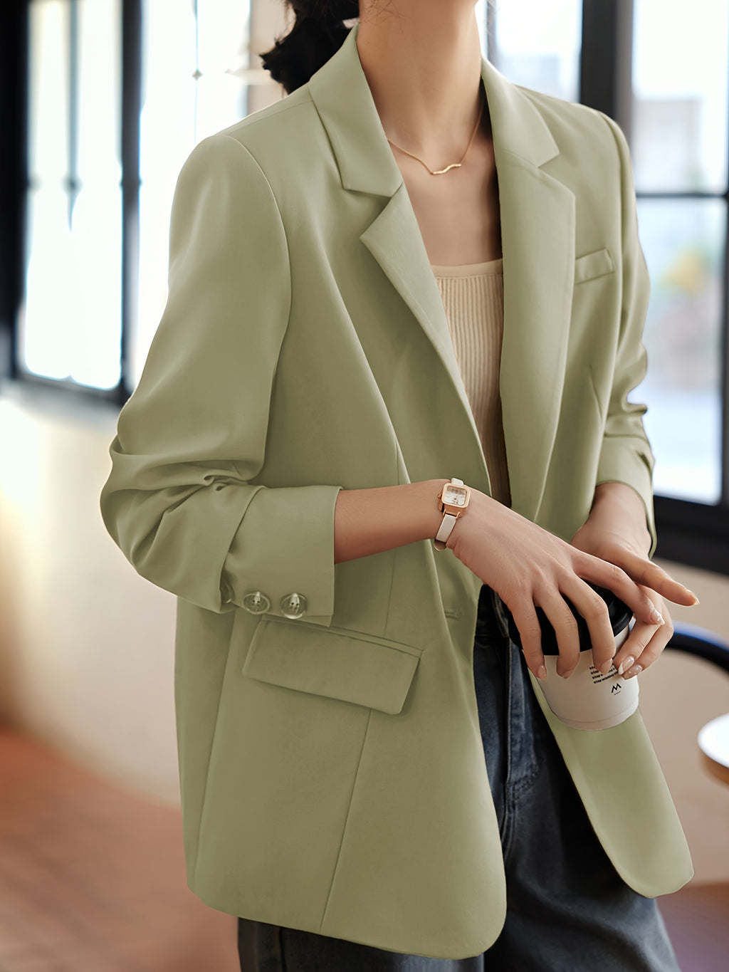 XWI Women's Olive Green Blazer Jacket - Classic H-Silhouette Single-Button Closure, Structured Machine-Washable Fabric for Spring\u002FAutumn, Elegant Office & Casual Outerwear, Minimalist Design, Smooth Texture, Sophisticated Tailoring