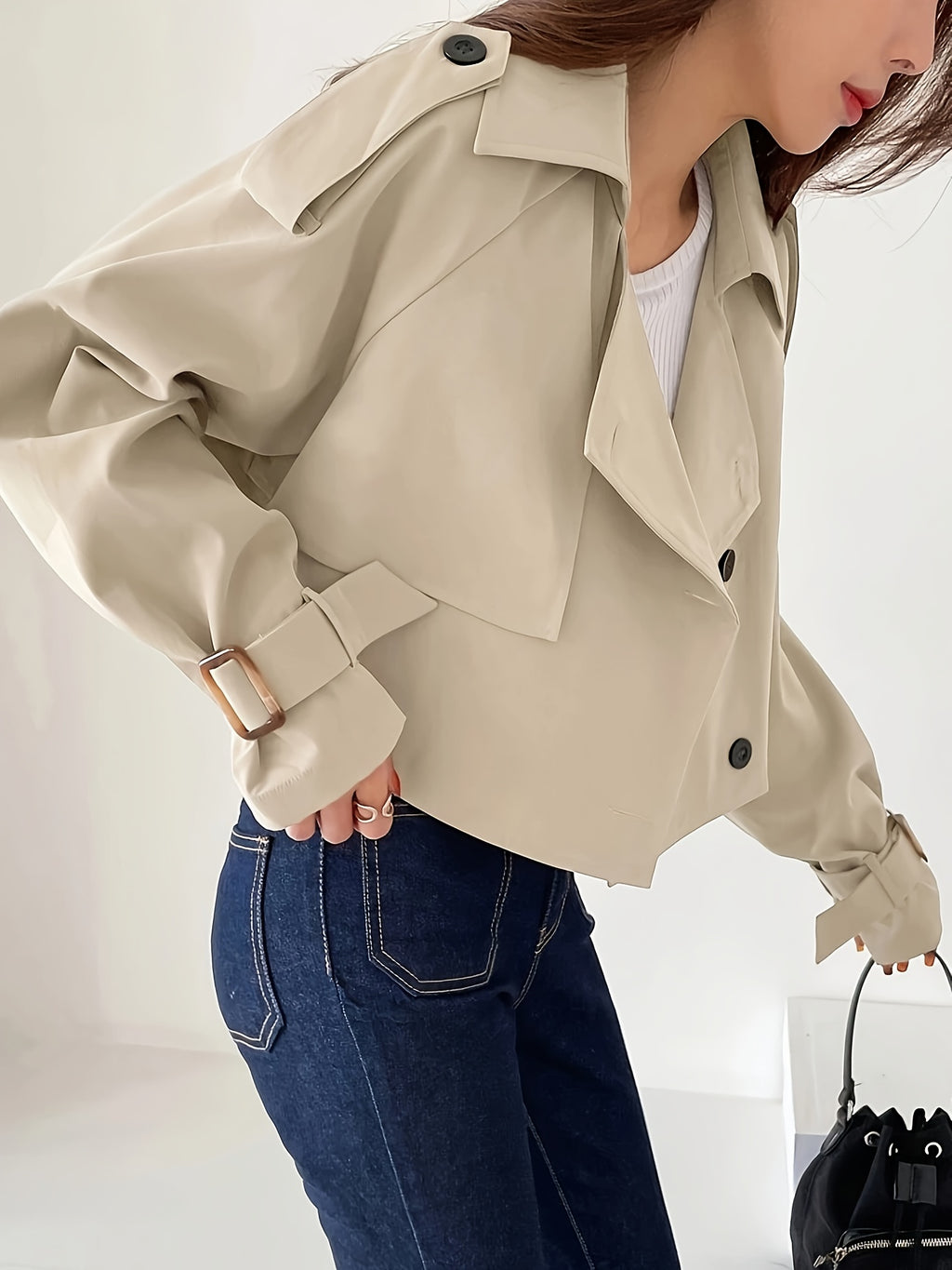 Women'S Chic Beige Double-Breasted Short Jacket with Puff Sleeves & Adjustable Cuffs - Casual Spring\u002FFall Outerwear, Button-Up Front, Solid Color, Spring Outerwear, Structured Design, Durable Fabric