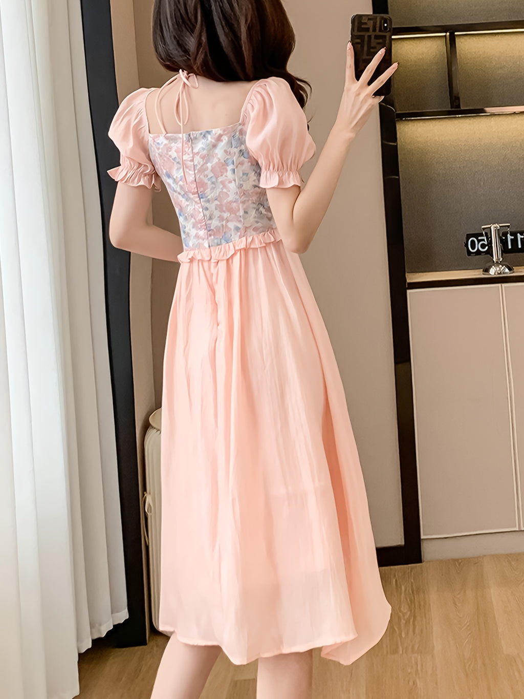 Elegant Floral Dress Elegant Floral Women's Party Dress | Pastel Pink Floral Print, Flared Mid-Length Formal & Casual Outfit for Bridesmaids, Garden Parties, Wedding Guest - Chic Ruffled Sleeves Dress