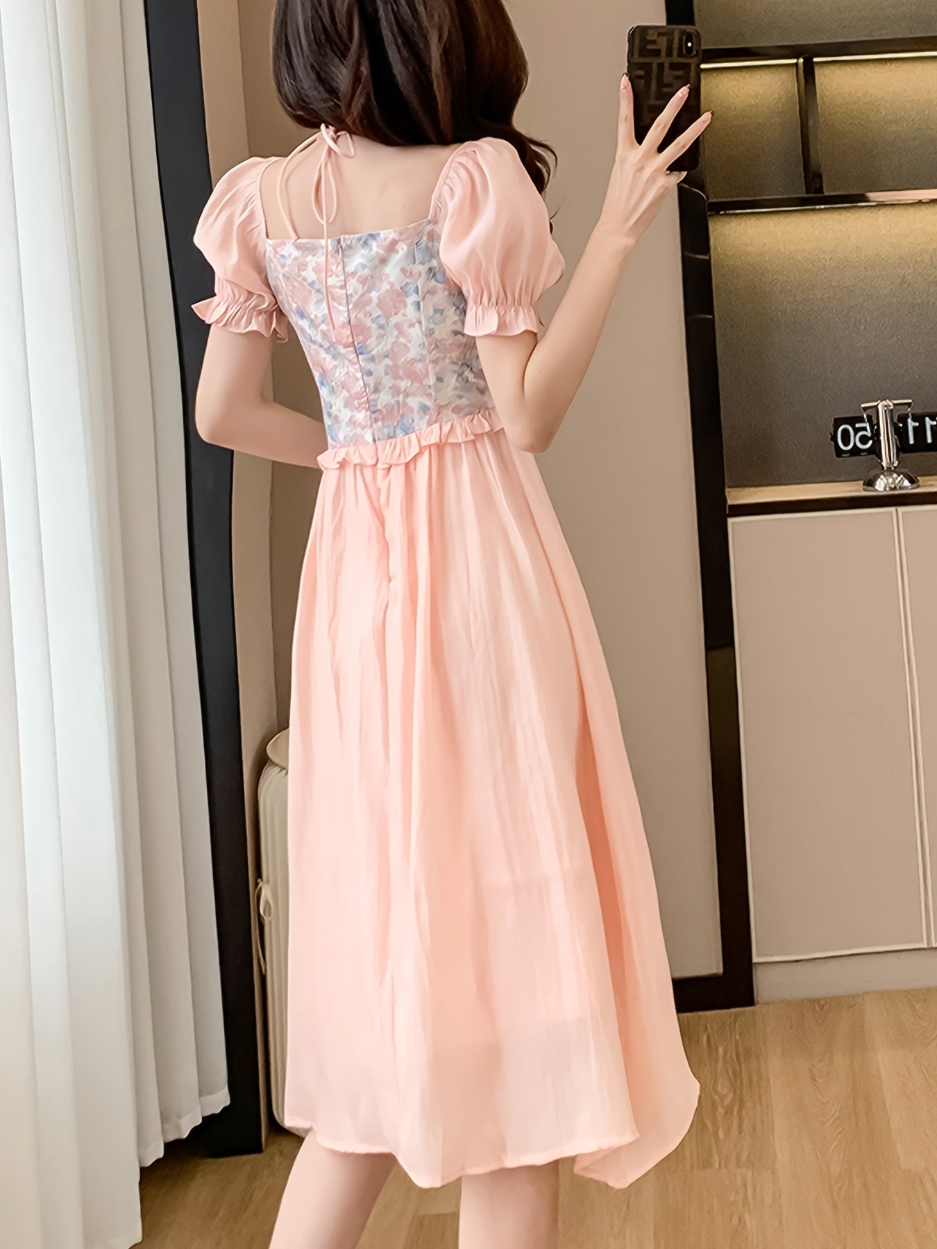 Elegant Floral Dress Elegant Floral Women's Party Dress | Pastel Pink Floral Print, Flared Mid-Length Formal & Casual Outfit for Bridesmaids, Garden Parties, Wedding Guest - Chic Ruffled Sleeves Dress
