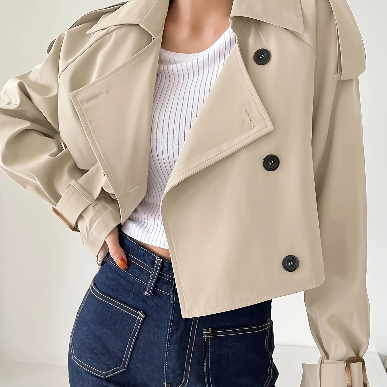 Women'S Chic Beige Double-Breasted Short Jacket with Puff Sleeves & Adjustable Cuffs - Casual Spring\u002FFall Outerwear, Button-Up Front, Solid Color, Spring Outerwear, Structured Design, Durable Fabric