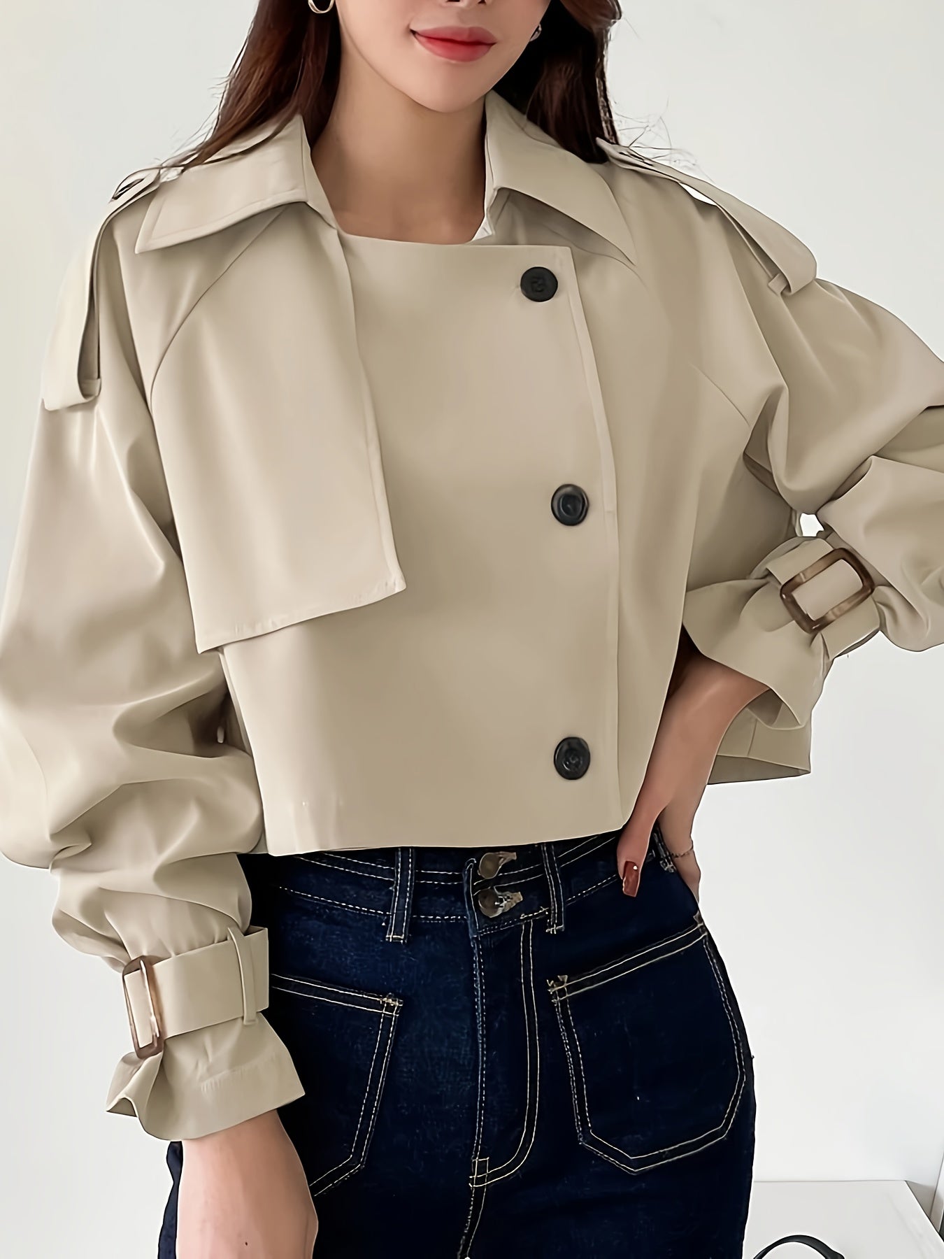 Women'S Chic Beige Double-Breasted Short Jacket with Puff Sleeves & Adjustable Cuffs - Casual Spring\u002FFall Outerwear, Button-Up Front, Solid Color, Spring Outerwear, Structured Design, Durable Fabric