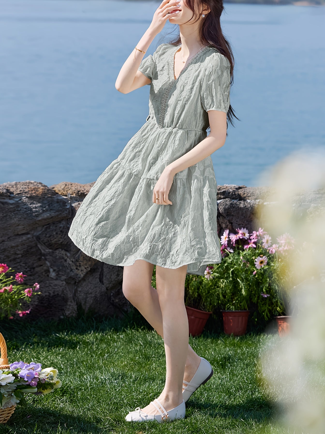 MOHOMO French Chic Short Dress MOHOMO French Chic Spring-Summer Short Dress with Drawstring Tie, Perfect for Holidays and Casual Attire