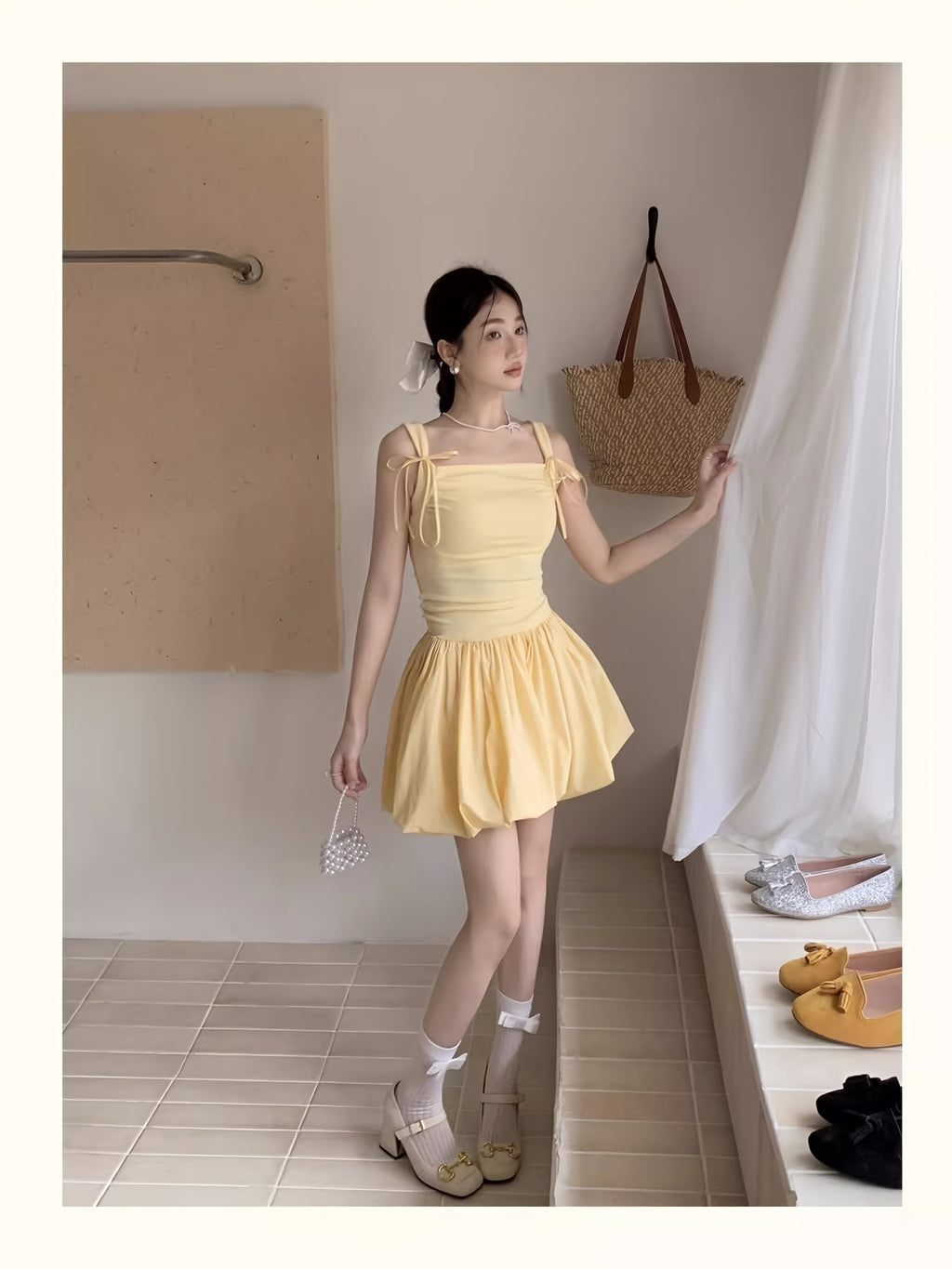 Women's Mustard Yellow Sweet Summer Dress - Off-Shoulder Spaghetti Strap A-Line Flared Skirt with Bow Accents, Lightweight Semi-Sheer Machine Washable Casual to Semi-Formal Outfit, Offshoulder Fashion, Flowy Texture, Delicate Fabric