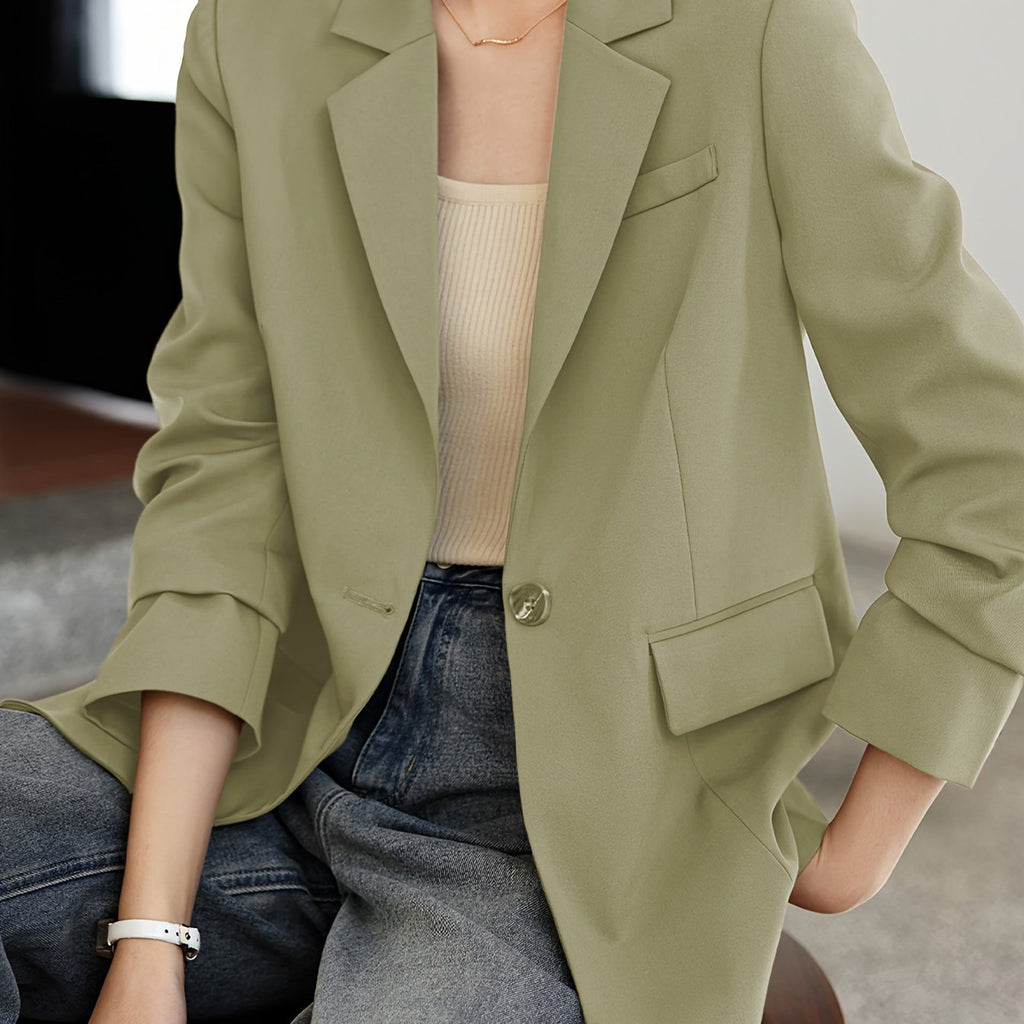 XWI Women's Olive Green Blazer Jacket - Classic H-Silhouette Single-Button Closure, Structured Machine-Washable Fabric for Spring\u002FAutumn, Elegant Office & Casual Outerwear, Minimalist Design, Smooth Texture, Sophisticated Tailoring