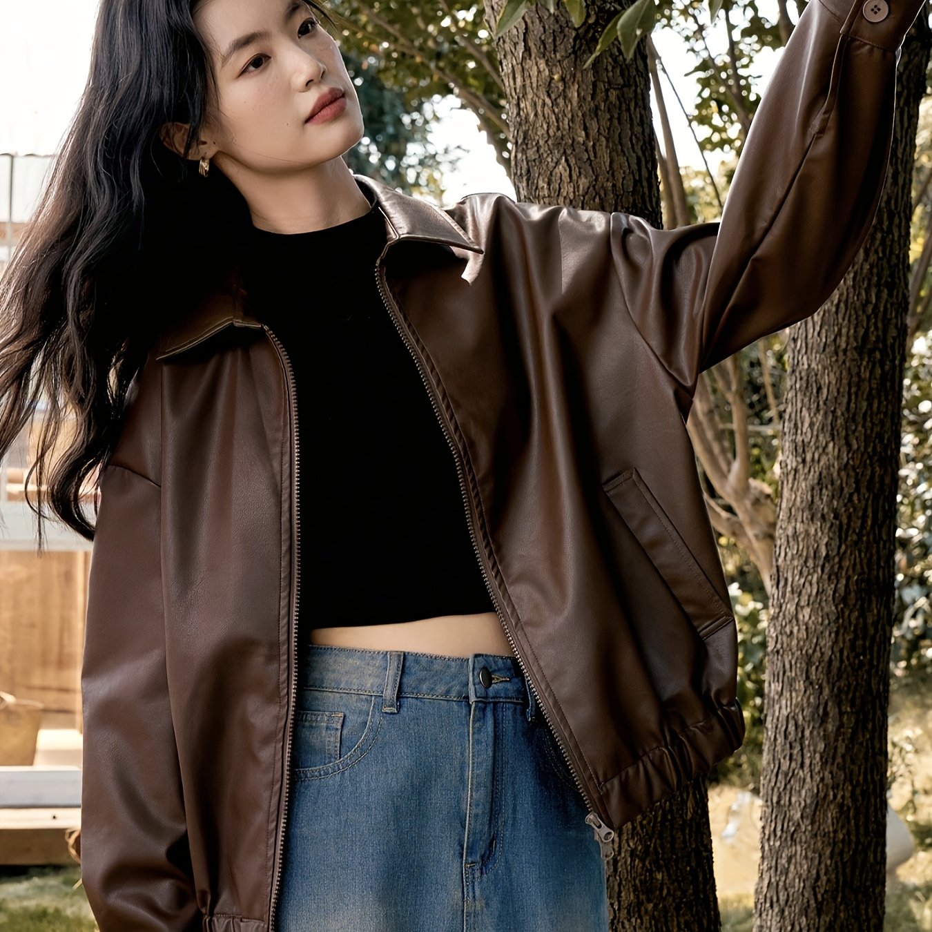 Women's Korean Retro Chic Stand Collar Zip-Up Jacket - Brown Casual Outerwear with Zippered Pockets, Loose Fit for Fall Winter Layering, Hand Wash Only