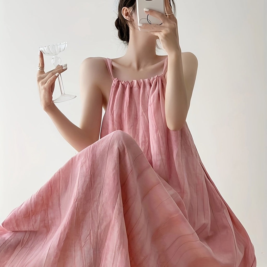 Women's Pink Tie-Dye Sleeveless Maxi Dress - Casual Elegant Beach Vacation Dress with Adjustable Waist Tie, Lightweight Summer Flowy Dress for Women, Hand Wash Only, Beach Dresses, Soft Fabric Gown