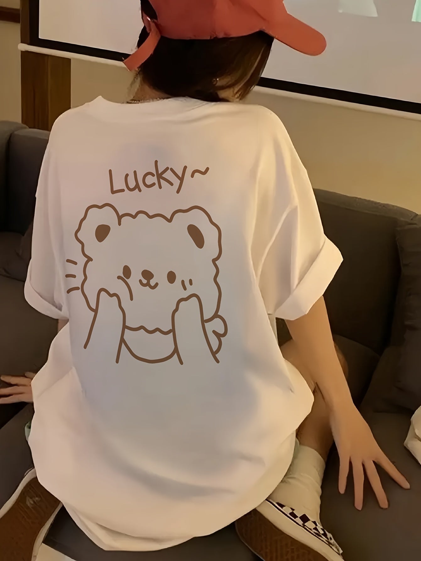 Women'S Plus Size Short Sleeve T-Shirt - Cute Bear Design, Loose Fit, Solid Color, Casual Top for Spring\u002FSummer, Fall, Casual Attire|Playful Print|Loose Fit To