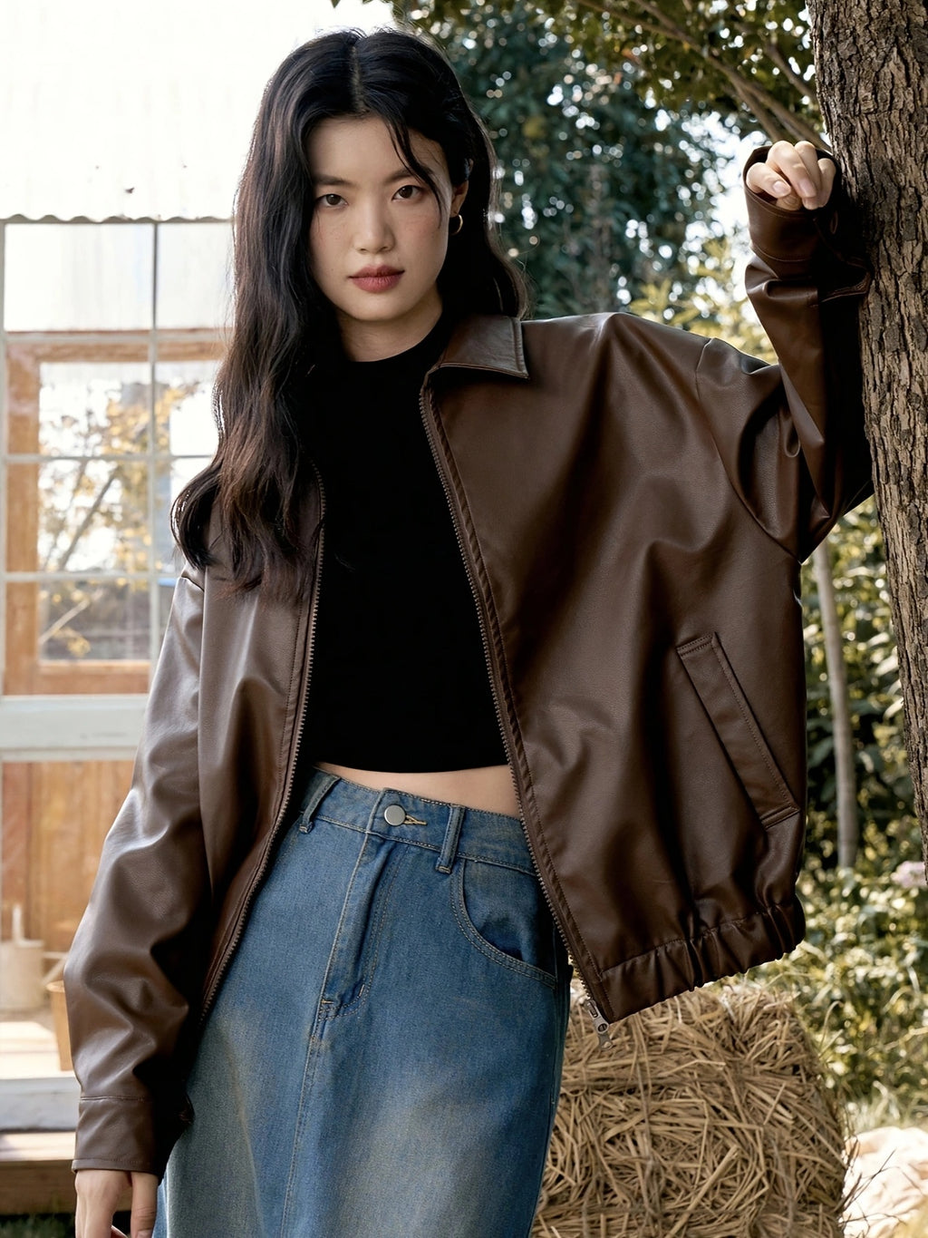 Women's Korean Retro Chic Stand Collar Zip-Up Jacket - Brown Casual Outerwear with Zippered Pockets, Loose Fit for Fall Winter Layering, Hand Wash Only